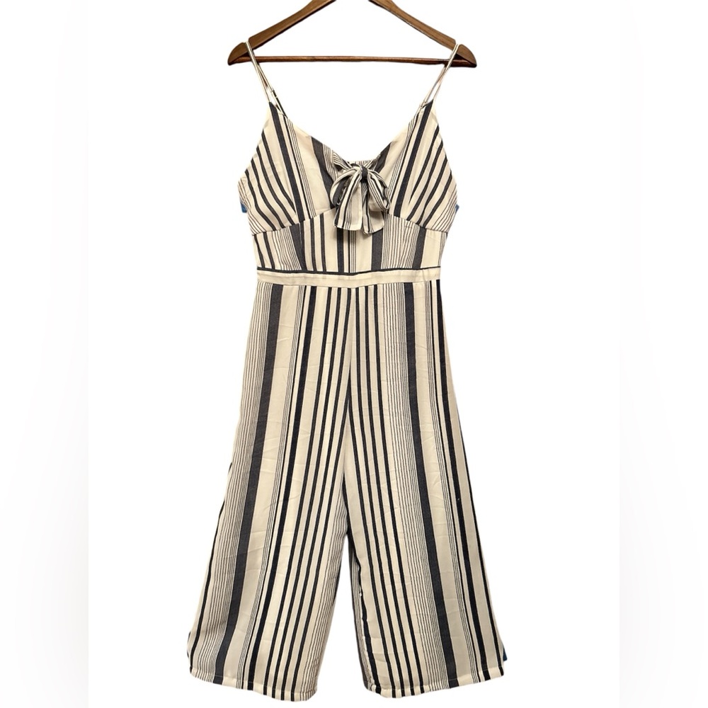 JAPNA medium blue striped wide-leg cropped white jumpsuit, smocked back, size L